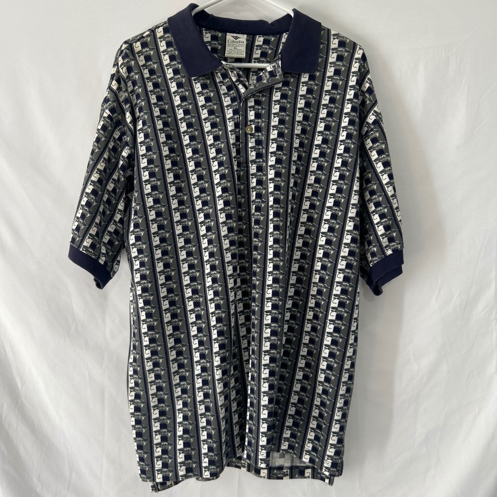 Columbia Mens Fishing Lure Fly Print Polo Shirt XL Blue Gray Cotton AM6397